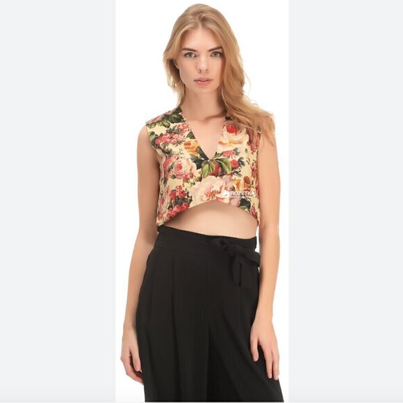 Zara Floral Crop Tank Top S V-Neck Vintage Rose Print Zip Back Summer Flower - Picture 4 of 10